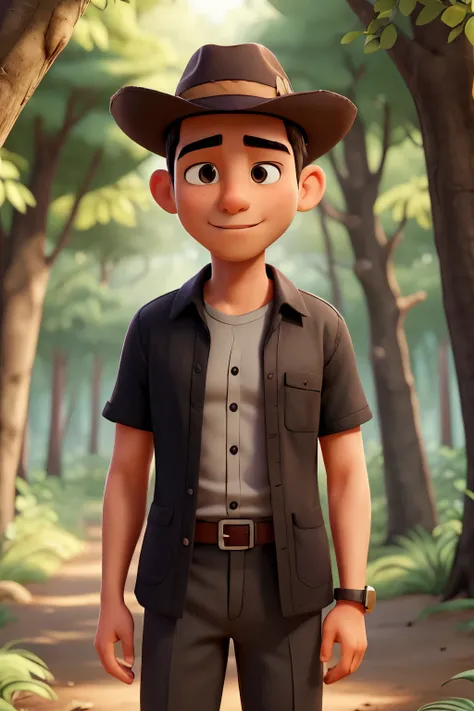 Illustrate Fahri, an man with fair, light skin, tall and lean, wearing a black shirt, grey trousers, and a brown hat. Capture him mid-speech on a lush forest path, with dappled sunlight filtering through the trees. His expression is gentle and filled with ...