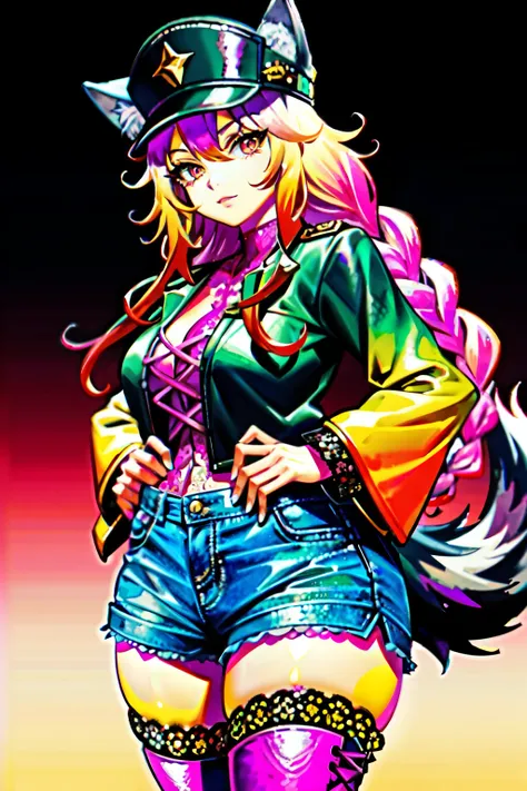 (best quality:2.0), (crisp:2.0), (highres:2.0), (((a rich yellow and pink gradient wolf tail:2.0))), anime, full body:2.0, (single image), (solo beautiful lady:2.0), (masterpiece:2.0), (detailed face:2.0), (detailed eyes:1.4), ((denim shorts:2.0)), ((thick...