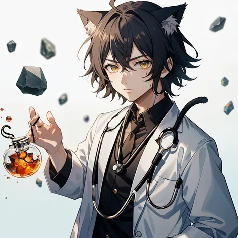 1man, anime, gray_stone_short_messy_hair, amber_eyes, cat_ears, lab_coat, stethoscope, floating_stones, white_background, looking_at_viewer