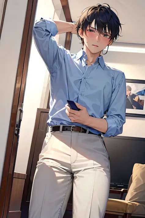 high image quality, Masterpiece, top quality, One young man, office worker, tipsy, blushes cheeks, single living room
