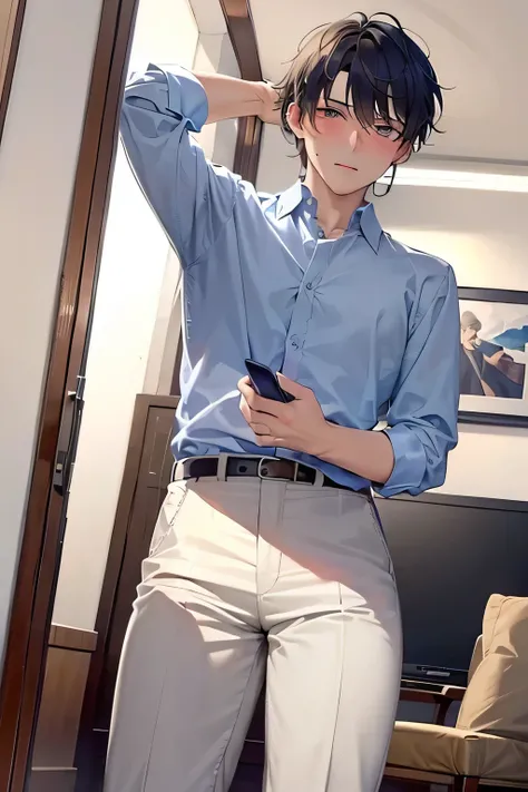 high image quality, Masterpiece, top quality, One young man, office worker, bewitching eyes , blushes cheeks, single living room