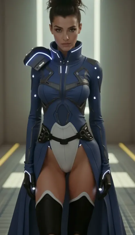 Queen in tight officer uniform on a tron