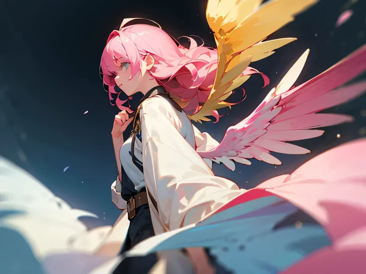 Girl with big wings
The hair is golden
The eyes are covered
Clothes are blue and pink
The background is a game world