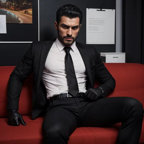 40 years old、handsome guy , One Man,、 Ekin Mert Daymaz。 black shirt , red tie、 black slim pants 、Doğukan Polat 、office、 sit on the sofa、 black shirt、 red tie、 black slim pants 、 upper body up　geff Bridges,　Front 　Menacing look　 black belt　Angry　 black glov...