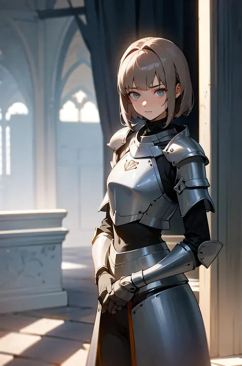 a young 18 years old woman with short light dark hair and grey eyes. She wears a light armor. She is in a training yard at castle. She looks nervous