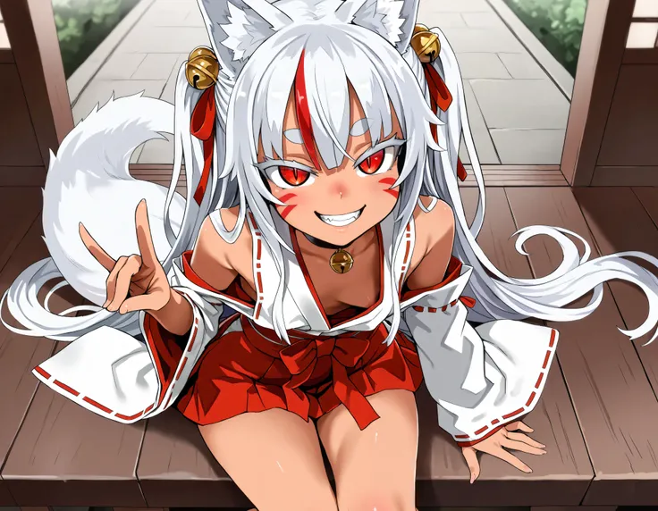 (best quality, highest quality:1.2), masterpiece, Ultra-high resolution, rich contrasts, HD, 8k, fine skin, no makeup, ideal ratio body proportions,
1girl, anime girls, asanagi style, mesugaki, dark skin, tan, red eye, slit pupils, ((white fox ear, white f...