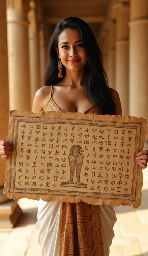 A symmetrically balanced distance wide angle image set in ancient Egypt time era. The scene features a lively, luscious, and shapely anciently Egyptian woman, a folk Egyptian, with a blush and a smile, traditionally dressed in a shaped of anciently full co...