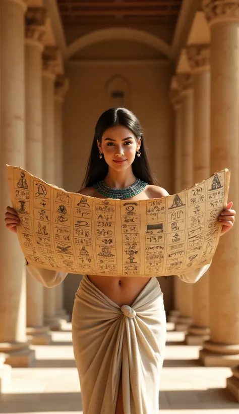 A symmetrically balanced distance wide angle image set in ancient Egypt time era. The scene features a lively, luscious, and shapely anciently Egyptian woman, a folk Egyptian, with a blush and a smile, traditionally dressed in a shaped of anciently full co...