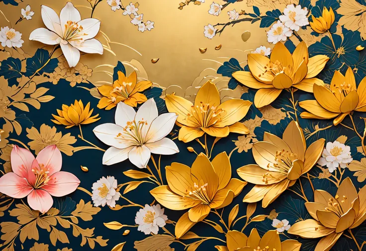 a close up of a wallpaper with Golden Lilies  and stripes,  Picture inspired by Katsushika Oi,  Unsplash , creation, Golden Lilies , Gold leaf flower, Falling cherry blossom petals, Flowers and gold,  scattered cherry blossom petals , Chaotic gold leaf flo...