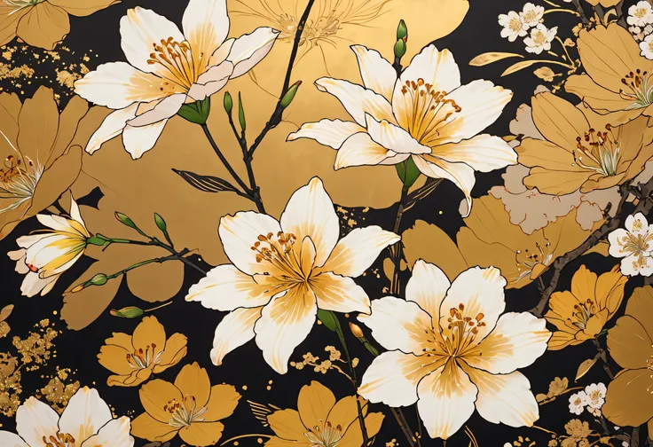 a close up of a wallpaper with Golden Lilies  and stripes, Katsushika Owari , Golden Lilies , Gold leaf flower, inspired by Ogata Kōrin, Falling cherry blossom petals, Flowers and gold,   inspired by Katsukawa Shunsho  ,  scattered cherry blossom petals , ...