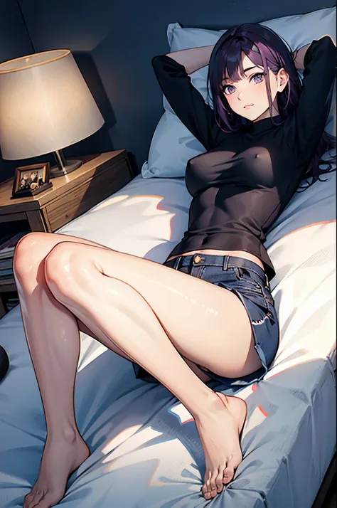 masterpiece. high_quality, 1girl, mature, black_shirt, purple_hair, shorts, bedroom, lying_in_bed