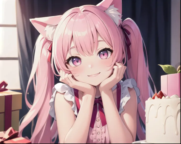 Best quality, high resolution, detailed, beautiful image quality, one girl, cute dress with frills, pink dress, pink hair, twin tails, cat ears, lolicon feeling, smiling face, hands on cheek, cake, gift box, white and pink room,