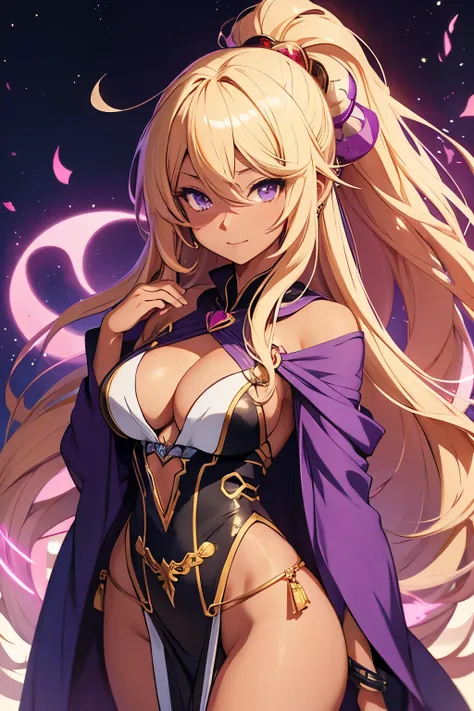 Tan skin anime girl with African American skin, long 
 curly blonde hair in ponytail, purple flowy robes, magic, jewelry, artwork in the style of guweiz, anime style. 8k, style anime, ross tran style, anime style 4 k, girl fanart, ilya kuvshinov with long ...