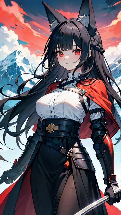 top quality、、(Whitening skin)、( black hair、 long hair, Princess cut)、 Red、Fox Ears、Petite、 slender,Big Breasts、armor、armor武者、armor兜,Mountain,,,