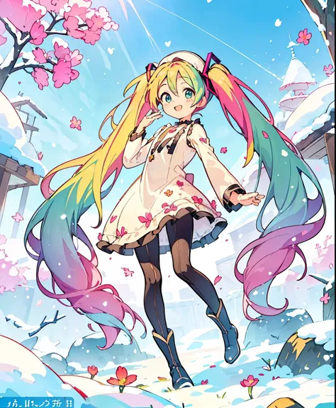 ( masterpiece、 top quality、 top quality、 Official Art、  beautiful and beautiful  :1.2)、( one girl:1.3) Hatsune Miku、 twin tails, on hands,Stand in front of a photo、 1 girl, full body, short bob, But long pigtails, Rainbow color hair, long boots, Open Your ...