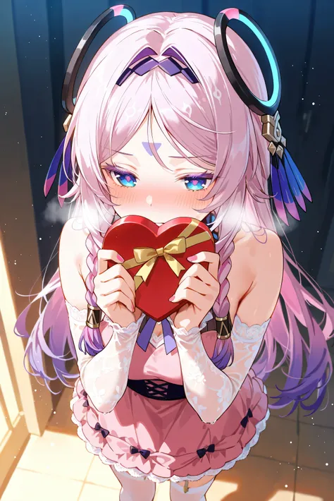 score_9, score_8_up, score_7_up, masterpiece, best quality, very aesthetic, absurdres, tunning image, light particles, attractive image, 1girl, adult grown woman, citlali \(genshin impact\), pink hair, purple hair, multicolored hair, twin braids, hair inta...