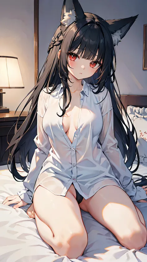  top quality、、(Whitening skin)、( black hair、 long hair, Princess cut)、 Red、Fox Ears、Petite、 slender,Big Breasts,bedroom, naked shirt,On the bedding,Japanese-style room,