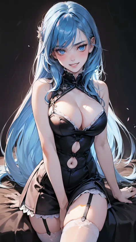 ((absurdres, highres, ultra detailed))),masterpiece,best quality,18 years old girl,anime girl,(detailed eyes and detailed face),(long blue hair:1.2),white skin,(beautiful eyes)(confident:1.3),(big breasts:1.3),slendar body,(satin bra)(pansies)(garter belt)...