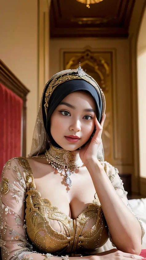 (best quality,4k,highres,masterpiece:1.2),ultra-detailed,realistic:1.37,beautiful and regal Javanese queen with hijab,dark and luxurious palace backdrop,beautiful detailed eyes and face,long eyelashes,voluptuous and curvy figure,exquisite jewelry and acces...