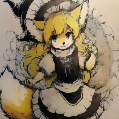 Masterpiece, ((yellow fox)), 1 girl, ((kirisame marisa)), kirisame marisa from touhou, happy, stop, fluffy hair, yellow fox tail, yellow fox ears, blonde hair, long hair, ((witch hat)), ((black and white clothes)), ((Kirisame Marisa outfit))