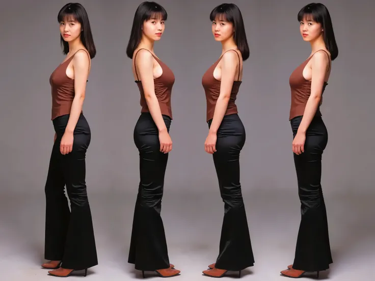 4 poses ,  The same aged brunette woman stands straight, legs shoulder width apart in four poses , 1 front view, 2 side view,  3 rear view and 4 half side view.  Dressed in a brown leather corset and black satin flared pants, wearing fiery ankle boots with...