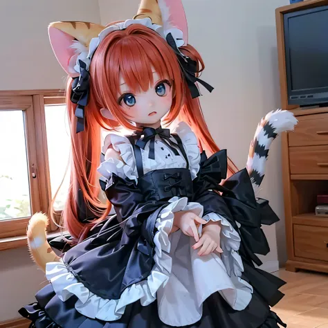                serval cat girl cat ears and tail                          , chubby and             is cute ,                 is cute  ,                  use swords in a photorealistic way     , 4K,                         Crimson hair is very smooth       ...