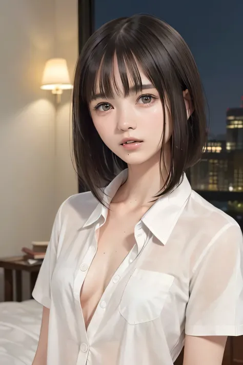 (8k,  RAW photo,  photorealistic:1.25), (looking at viewer, Messy, disheveled wet Hair, wet short hair:1.8), (lip gloss,  eyelashes, Shiny surface, Glossy Skin,  best quality, ultra highres,  allows depth of field, Color Difference ,  caustics,  blow light...