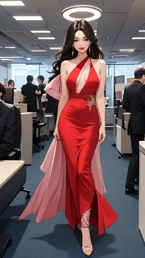 mid shot, full body, solo , best quality, portrait , asia girl, solo, Smile confidently, A glamorous woman elegantly walking down a red carpet in an office setting. She wears a stunning, flowing evening gown with intricate details, exuding confidence and g...