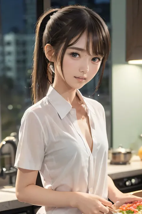 (8k,  RAW photo,  photorealistic:1.25), (looking at viewer, Messy, disheveled wet Hair, wet short ponytail hair:1.8), (lip gloss,  eyelashes, Shiny surface, Glossy Skin,  best quality, ultra highres,  allows depth of field, Color Difference ,  caustics,  b...