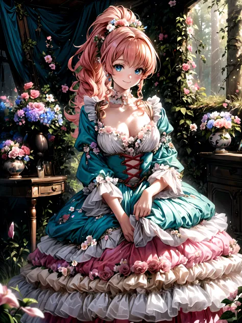 Lady, Curly Hair,  ponytail on panty,  Floral Crinoline Hoop Skirt,  Red Petticoat Dress , ((( big size))), hyper detailed beautiful eyes, bonnet, Fluffy, pink hair, ((smile)), downblouse, loose t-shirt,  light particles, Retro, forest, ((nature)), ( in th...