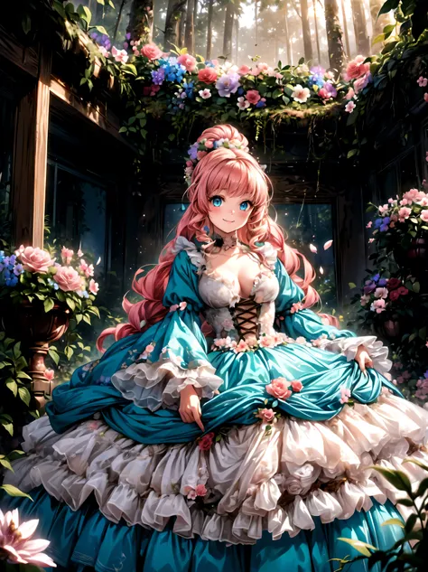 Lady, Curly Hair,  ponytail on panty,  Floral Crinoline Hoop Skirt,  Red Petticoat Dress , ((( big size))), hyper detailed beautiful eyes, bonnet, Fluffy, pink hair, ((smile)), downblouse, loose t-shirt,  light particles, Retro, forest, ((nature)), ( in th...