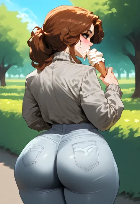 Girl, alone, in the park,Long messy brown hair, clear pupils, young, eating ice cream, wearing a gray coat and jeans, highlighting her curves, blushing, pretty,She is facing away but looking forward and with her butt slightly raised. 