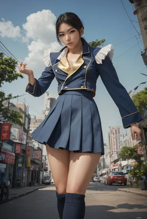 Chun Lee, A beautiful young woman in a classic blue costume,   thick thighs , Beautiful sexy thighs ,  slightly muscular  , Hair tied ,   black socks , Chinese city in the afternoon , Alone.Alone, Blue clothes ,  a blue skirt ,  a serious look ,  beautiful...