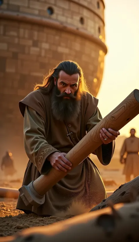 Noah,  a man with long beards and rustic robes ,  hammers vigorously a large wooden beam , his calloused hands firmly at work .  Each blow of the hammer echoes with a realistic impact ,  while particles of sawdust float in the air .  The newly constructed ...