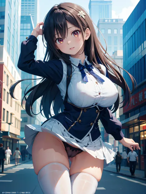  one woman、(( top quality)), ( Hi-Res), (( Very Detailed))、( Masterpiece)、A beautiful woman who looks like an adult、She is wearing a transparent uniform, a bra, and cute panties、(I'm wearing knee-high stockings)、(Dancing in the city)、Cute nipple shape、(Hai...