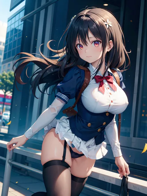  one woman、(( top quality)), ( Hi-Res), (( Very Detailed))、( Masterpiece)、A beautiful woman who looks like an adult、She is wearing a transparent uniform, a bra, and cute panties、(I'm wearing knee-high stockings)、(Dancing in the city)、Cute nipple shape、(Hai...