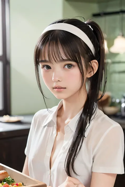 (8k,  RAW photo,  photorealistic:1.25), (looking at viewer, Messy hair, disheveled wet Hair, wet short ponytail hair, white headband:1.8), (lip gloss,  eyelashes, Shiny surface, Glossy Skin,  best quality, ultra highres,  allows depth of field, Color Diffe...