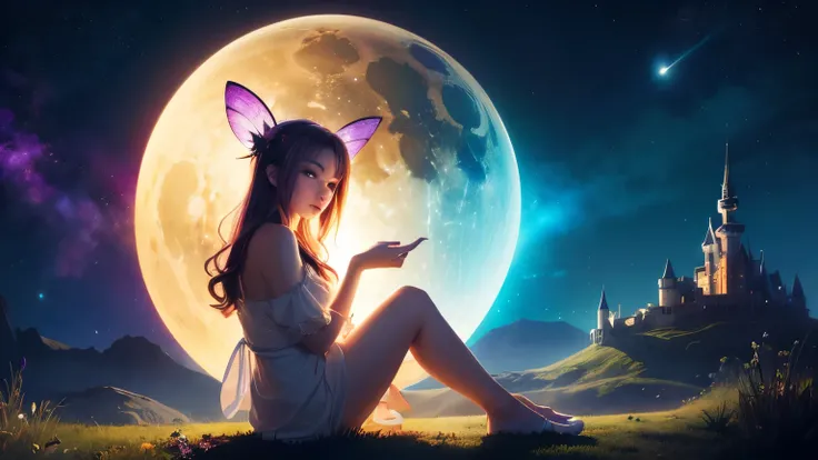 
((Top Quality)), ((Wonderful)), (Details)、Long-haired girl sitting on a crescent moon with a star in her hand, 星のFairy, Space Flower Fairy ,   Fantasy Art Style  ,   beautiful animated art style  ,  Neon Lights and Fantasy , 美しいFairy, Fantasy coloring ,  ...