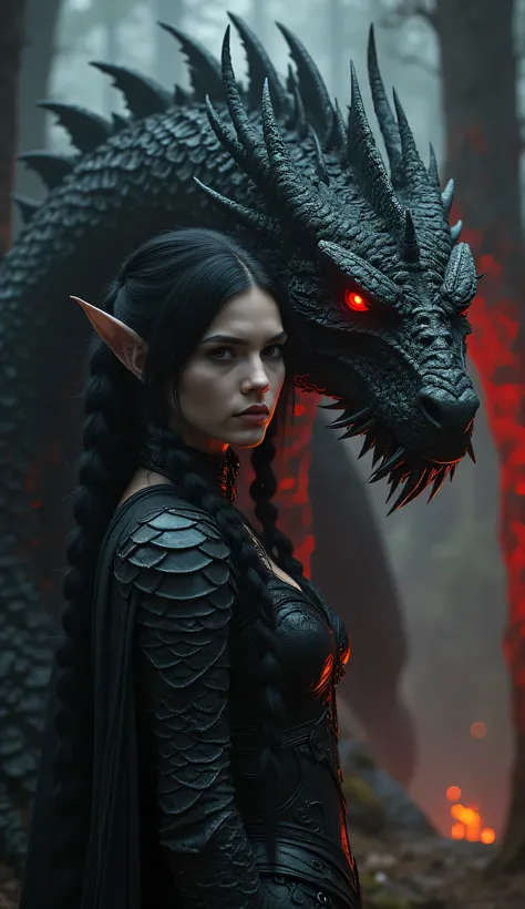 "Create a dark, fantasy-inspired artwork of a powerful sorceress standing beside a menacing dragon. The sorceress has pale skin, piercing red eyes, and is dressed in intricate, black-scaled armor with an ethereal, otherworldly aura. Her braided dark hair c...