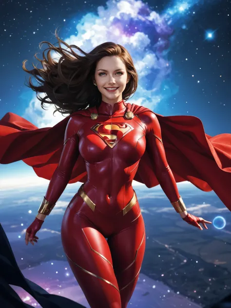 girl, red bodysuit, long cape, shaped breasts, shaped thighs, wide hips, long brown hair, straight hair, windswept, looking at viewer, smile, bracelets, superhero, superhero outfits, superman_symbol, inspired by x-man, cosmic pillars, ethereal light, 