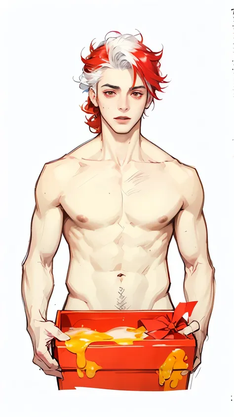 best quality, masterpiece, (photorealistic:1.4), young , waist up,dramatic lighting,slime,horny, aroused,horny,from front , handsome, sixpack, charming, Looking ahead,white skin, blushing , flirting, white hair With red hair tips,red eyes,holding valentine...