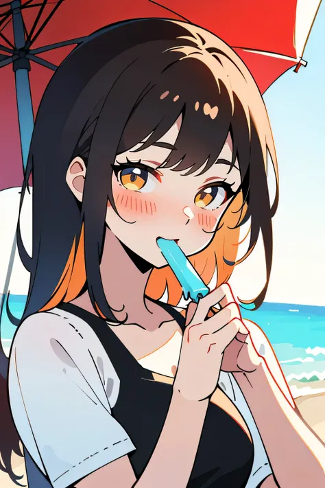 Slim,  attractive, cute girl,  brown hair,  Go to ,   pushes her big mouth,  eats popsicles, Food in her mouth  ,  summer beach , close-up,  Concept Art, ( top quality, 4K, 8k,  Hi-Res,  Masterpiece:1.2),  super detailed, ( by Nomi, photo by Nomi, photo- b...