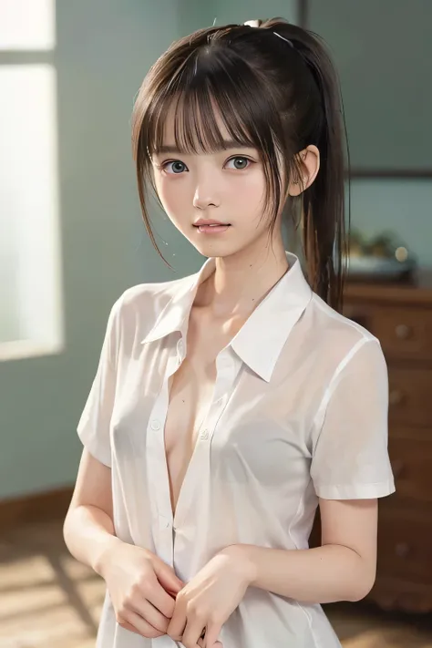 (8k,  RAW photo,  photorealistic:1.25), (looking at viewer, Messy hair, disheveled wet Hair, wet short ponytail hair:1.8), (lip gloss,  eyelashes, Shiny surface, Glossy Skin,  best quality, ultra highres,  allows depth of field, Color Difference ,  caustic...