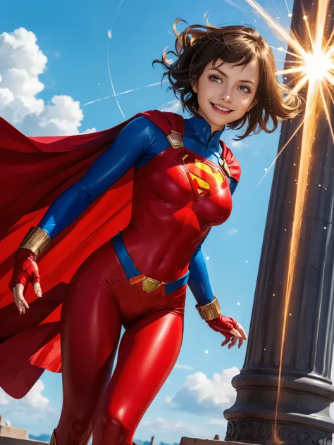 girl, (loli, cute:1.4), red bodysuit, long cape, shaped (large breasts), shaped thighs, long brown hair, straight hair, windswept, looking at viewer, smile, bracelets, superhero, superhero outfits, superman_symbol, inspired by x-man, cosmic pillars, ethere...