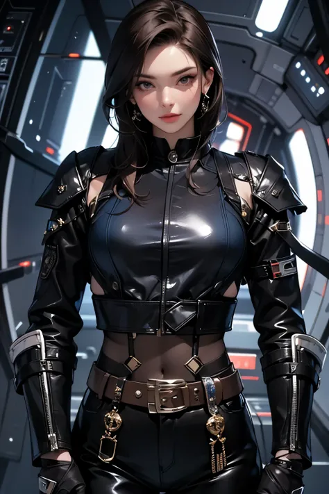 A beautiful woman. She is twenty years old. She has dark brown hair. She wears a black metallic combat uniform. Around her waist, she wears a belt with sparkling blue crystals embedded in it. She's in a spaceship.