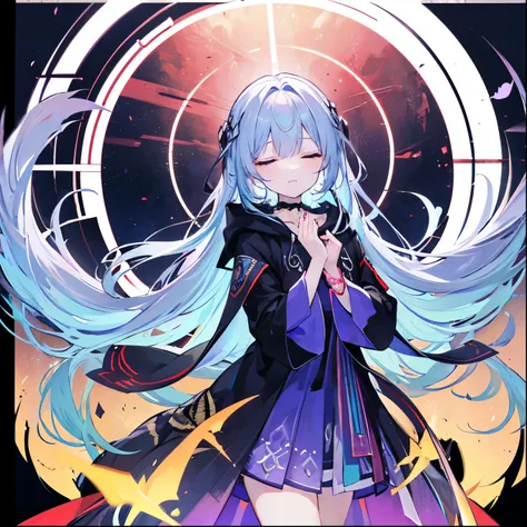 Light blue hair、 long hair with a pattern 、 red magic circle behind 、 black simple robe with a border、 fluttering hood 、 black choker、 light purple bangles on both arms 、 black slender boots 、 clear white skin 、 closed eyes 、muttering mouth 、 spread your h...