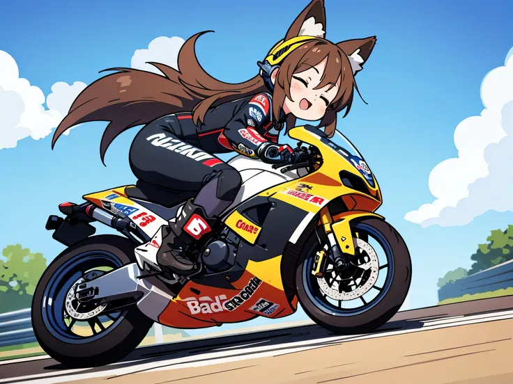   anime style 、  fox ears、close your eyes、  brown hair、 long hair、 woman、 motogp、motorcycle helmet、 race suit 