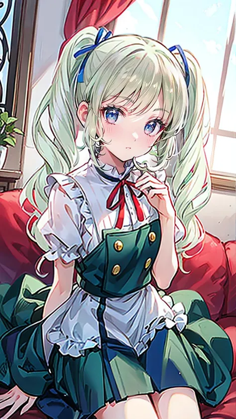 A beautiful anime-style girl with large almond-shaped emerald green eyes, long curled twin-tails in platinum blonde, and elegant facial features. She has a gentle, refined smile and wears ribbon accessories in her hair. Her overall appearance is graceful a...