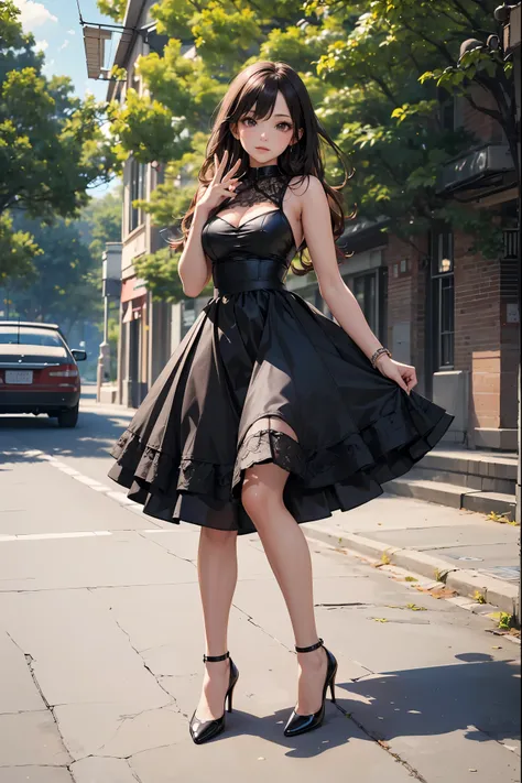 ((Masterpiece, high resolutio, Biologically correct limb and finger count)), ((Standing posture)),High heels, anklet, stocking, latex skirt, Close-up photo of the upper body, look at around, outdoor, simple background, full body, lace queen