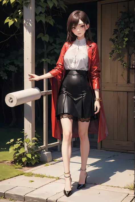 ((Masterpiece, high resolutio, Biologically correct limb and finger count)), ((Standing posture)),High heels, anklet, stocking, latex skirt, Close-up photo of the upper body, look at around, outdoor, simple background, full body, lace queen